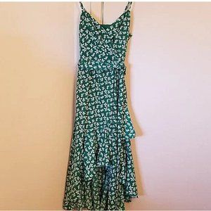 NWOT Eliza J green floral faux wrap dress with high/low ruffle hem, adorable!